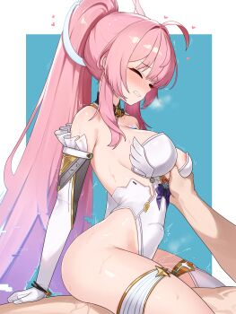 1boy 1girl absurdres adapted_costume aemeath_(wuthering_waves) ahoge armpit_crease bare_shoulders blue_background blush border breasts breath clenched_teeth closed_eyes clothed_female_nude_male clothed_sex commentary covered_navel cowgirl_position elbow_gloves english_commentary female_ejaculation female_orgasm from_side girl_on_top glitch gloves grabbing_another&#039;s_breast gradient_hair groping hair_intakes heart hetero highres large_breasts leotard long_hair multicolored_hair nabiyan nude orgasm paid_reward_available pink_hair ponytail purple_hair sex sidelocks stomach_bulge straddling teeth thighs very_long_hair white_border white_gloves white_leotard wuthering_waves