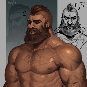 1boy abs arcane:_league_of_legends bara beard brown_hair facial_hair full_beard highres large_pectorals league_of_legends looking_ahead male_focus mohawk muscular muscular_male nipples nude pectorals rictus_(arcane) short_hair solo sparse_chest_hair strongman_waist thick_beard thick_eyebrows tsurime upper_body zetta_aznec