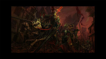 bat_wings building fake_horns fantasy helmet highres holding holding_polearm holding_shield holding_sword holding_weapon horned_helmet horns lance pike_(weapon) polearm shield skeleton skeleton_horse sword tibz-ollier town undead warhammer_fantasy weapon winged_helmet wings