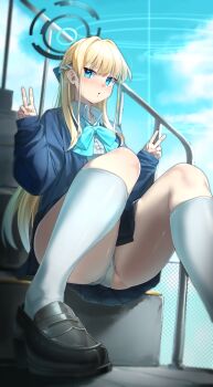 1girl absurdres ass blue_archive blue_bow blue_eyes blue_halo blue_skirt blush bow bowtie collared_shirt day double_v halo highres long_hair long_sleeves outdoors panties shirt sitting skirt thighhighs thighs toki_(blue_archive) toki_(school_uniform)_(blue_archive) underwear v walking_nakta white_panties white_shirt white_thighhighs