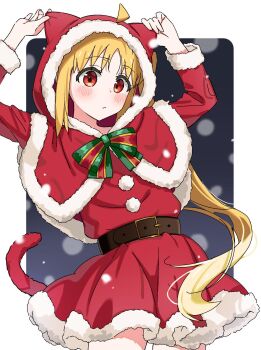 1girl animal_hood arms_up bad_id bad_twitter_id belt black_belt blonde_hair bocchi_the_rock! bow bowtie cat_hood cat_tail christmas dress hand_on_headwear highres hood ijichi_nijika kihamu_11 looking_at_viewer red_eyes red_tail santa_costume santa_dress side_ponytail snowing solo tail white_background