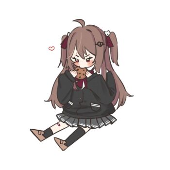 Rule 34 | 1girl, ahoge, asymmetrical legwear, bandaid, bandaid on knee, bandaid on leg, black cardigan, black skirt, black socks, black thighhighs, blush, bow, bowtie, broken heart, broken heart hair ornament, brown hair, brown shoes, cardigan, commentary, cookie, eating, english commentary, evil neuro-sama, food, hair between eyes, hair intakes, hair ornament, hands up, heart, highres, loafers, long hair, long sleeves, meichuu illust, miniskirt, neuro-sama, pleated skirt, red bow, red bowtie, red eyes, red ribbon, ribbon, school uniform, shoes, simple background, sitting, skirt, socks, solo, thighhighs, two side up, v-shaped eyebrows, vedal ai, virtual youtuber, white background, yurie mouth