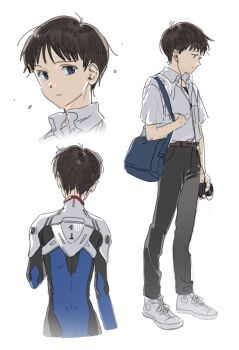 absurdres bag belt brown_belt bsgkstnals03 headphones highres ikari_shinji mecha_pilot_suit neon_genesis_evangelion plugsuit_(evangelion) school_uniform shirt shoes simple_background tokyo-3_middle_school_uniform white_background white_shirt white_shoes