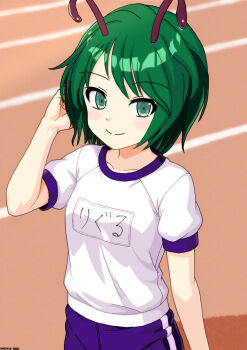 1girl alternate_costume antennae blush closed_mouth commentary_request dated green_eyes green_hair highres looking_at_viewer mist9801km name_tag puffy_short_sleeves puffy_sleeves running_track shirt short_sleeves smile solo touhou track_uniform translated white_shirt wriggle_nightbug