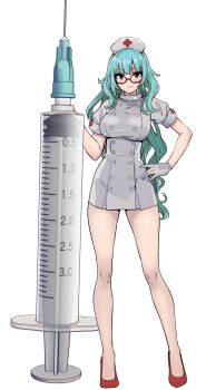 1girl absurdres aqua_eyes aqua_hair black-framed_eyewear blush breasts closed_mouth commentary_request cross glasses gloves hand_on_own_hip hat high_heels highres knees kuroki_yuushin large_breasts large_syringe legs nurse nurse_cap original oversized_object red_cross red_shoes shoes simple_background smile solo syringe thighs white_background white_gloves white_hat