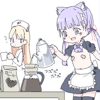 2girls ? @_@ animal_ear_hairband animal_ears apron bags_under_eyes bandaid bandaids_on_nipples black_skirt black_sleeves black_thighhighs blonde_hair blue_eyes blunt_bangs bow bowtie breasts cat_ear_hairband cat_ears coffee coffee_beans coffee_pot cup fake_animal_ears hair_ribbon hairband hat holding holding_cup holding_teapot lokulo-chan_(lokulo_no_mawashimono) lokulo_no_mawashimono loli long_hair looking_at_another low_twintails lowres miniskirt mug multiple_girls nurse nurse_cap oekaki open_mouth original pasties pouring puffy_short_sleeves puffy_sleeves purple_bow purple_bowtie purple_hair red_ribbon ribbon short_sleeves shrug_(clothing) skirt small_breasts smile table teapot thighhighs topless_female twintails waist_apron white_apron wide-eyed yurika_a_lutwidge_(lokulo_no_mawashimono) zettai_ryouiki
