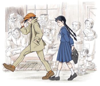 6+boys angie ashita_no_joe black_hair braid chef_hat commentary_request facial_hair glasses hat highres long_hair multiple_boys multiple_girls old old_man open_mouth school_uniform serafuku skirt smile twin_braids yabuki_joe