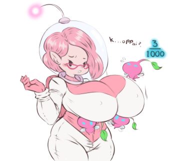 1girl blush breasts brittany_(pikmin) curvy dullvivid glasses gloves helmet highres huge_breasts mob_face nintendo nipples pikmin_(creature) pikmin_(series) pikmin_3 pink_hair pointy_ears short_hair spacesuit winged_pikmin