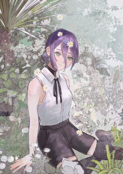 black_choker black_ribbon black_thighhighs chainsaw_man choker flower flower_on_chest flower_on_head flower_on_leg flower_on_shoulder green_eyes hair_between_eyes hair_bun highres long_hair_between_eyes looking_at_viewer nature neck_ribbon on_ground pantyhose plant purple_hair purupurualiens reze_(chainsaw_man) ribbon scenery shirt shirt_tucked_in single_hair_bun sleeveless sleeveless_shirt thighhighs