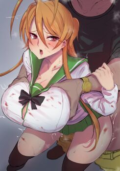 1boy 1girl alternate_breast_size antenna_hair black_bow black_bowtie black_thighhighs blood blood_on_clothes blood_on_face bow bowtie bra bra_peek breasts brown_hair button_gap clothed_sex clothes_pull commentary grabbing_another's_breast grabbing_from_behind green_sailor_collar green_skirt groping hair_between_eyes hetero highres highschool_of_the_dead huge_breasts large_breasts long_hair long_sleeves looking_back miniskirt miyamoto_rei nabeshiki_(nabeyashiki) open_mouth pants pants_pull pink_bra pleated_skirt rape red_eyes sailor_collar school_uniform sex sex_from_behind shirt simple_background skirt standing standing_sex tears thighhighs thug_(highschool_of_the_dead) underwear very_long_hair watch white_shirt wristwatch