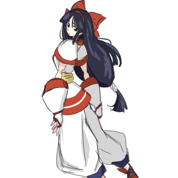 1girl ainu_clothes alternate_hairstyle ass breasts fingerless_gloves gloves hair_ribbon highres legs looking_at_viewer medium_breasts nakoruru pants purple_eyes purple_hair ribbon sad samurai_spirits sideboob snk solo the_king_of_fighters thighs