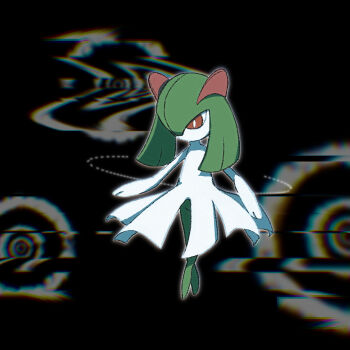 1girl black_background blurry blurry_background bright_pupils candle_(allotas) colored_skin crossed_ankles female_focus flat_chest full_body gen_3_pokemon glitch green_skin highres kirlia looking_afar multicolored_skin nintendo no_feet no_mouth pokemon pokemon_(creature) red_eyes solo standing two-tone_skin white_pupils white_skin