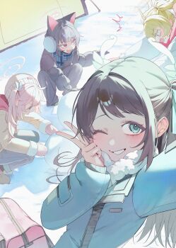 4girls absurdres after-school_sweets_club_(blue_archive) airi_(blue_archive) alternate_costume animal_ears black_hair black_jacket black_pants black_socks blonde_hair blue_archive blue_jacket blue_scarf blunt_bangs blush brown_hair brown_hat brown_shoes cat_ears cat_girl colored_inner_animal_ears earmuffs fur_collar green_eyes green_halo grin half_updo halo hat highres implied_extra_ears jacket kazusa_(blue_archive) long_hair may.l mittens multiple_girls natsu_(blue_archive) open_mouth pants pink_hair pink_halo pink_mittens pink_scarf plaid_clothes plaid_scarf red_eyes scarf shoes short_hair side_ponytail sidelocks smile snow socks squatting twintails v white_jacket yellow_halo yellow_jacket yoshimi_(blue_archive)