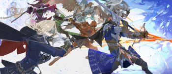 Rule 34 | 3girls, 4others, absurdres, armor, axe, bird, bird boy, black cape, black capelet, black gloves, black skin, blindfold mask, blue dress, blue surcoat, bow (weapon), brown armor, cape, capelet, colored skin, commentary, dragon skull, dress, duchess (elden ring), elden ring, elden ring nightreign, english commentary, executor (elden ring), eye mask, full armor, gloves, greatsword, guardian (elden ring), halberd, hat, hat over one eye, hawk, helmet, highres, holding, holding axe, holding bow (weapon), holding instrument, holding sword, holding weapon, incoming attack, instrument, ironeye (elden ring), large hat, lyre, mask, multiple girls, multiple others, music, nslacka, playing instrument, polearm, purple dress, purple hat, raider (elden ring), recluse (elden ring), revenant (elden ring), scale armor, skull on head, sword, weapon, wide sleeves, winged helmet, witch hat, wooden staff, wylder (elden ring)