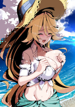 Rule 34 | 1girl, beach, blue sky, breasts, cleavage, closed eyes, clothes around waist, cloud, cloudy sky, commentary request, dentosaginuma, duel masters, duel masters play's, elena (duel masters), hair between eyes, hat, highres, large breasts, long hair, midriff, navel, ocean, open mouth, outdoors, shirt, short sleeves, sky, solo, straw hat, sweatdrop, tied shirt, white shirt