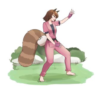 Rule 34 | 1girl, absurdres, animal ears, barefoot, belt, black belt, bottle, brown eyes, brown hair, cosplay, dougi, fighting stance, fingerless gloves, futatsuiwa mamizou, gloves, grass, hibiki dan, hibiki dan (cosplay), highres, mata (matasoup), open mouth, raccoon ears, raccoon tail, sake bottle, short hair, solo, street fighter, tail, tanuki, torn clothes, torn sleeves, touhou, white background