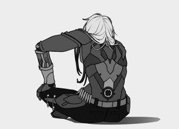 1boy belt boothill_(honkai:_star_rail) commentary cyborg from_behind grey_background greyscale hand_on_own_knee highres honkai:_star_rail honkai_(series) indian_style long_hair male_focus monochrome multicolored_hair pants shell_casing simple_background sitting solo star_neka two-tone_hair