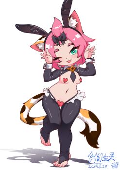 1girl ;p absurdres alternate_costume animal_ear_fluff animal_ear_hairband animal_ears bangs_pinned_back barefoot black_hiphighs black_shrug blush breasts bridal_legwear cat_ears cat_girl cat_tail collared_shrug dated diona_(genshin_impact) fake_animal_ears forehead frontless_outfit full_body genshin_impact gluteal_fold green_eyes hairband heart_maebari heart_pasties highres hiphighs huanchuang10772 looking_at_viewer maebari multicolored_tail nail_polish navel nontraditional_playboy_bunny one_eye_closed pasties paw_pose pink_hair rabbit_ear_hairband rabbit_ears reverse_bunnysuit reverse_outfit short_hair shrug_(clothing) signature small_breasts smile solo tail thick_eyebrows thigh_gap toenail_polish toenails tongue tongue_out white_background wrist_cuffs