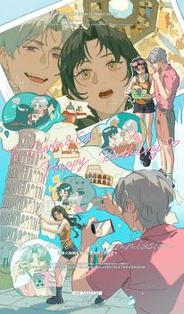 absurdres charlie_su flat_color highres light_and_night_love long_hair multiple_views open_mouth orange_eyes phone pink_shirt purple_eyes shirt white_hair xiabai