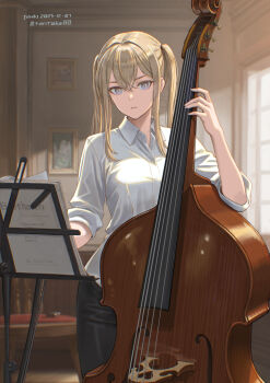 Rule 34 | 1girl, alternate costume, black pants, blonde hair, blue eyes, breasts, collared shirt, commentary request, commission, dated, double bass, graf zeppelin (kancolle), hair between eyes, indoors, instrument, kantai collection, large breasts, long hair, looking at viewer, pants, parted lips, shirt, skeb commission, sleeves rolled up, solo, tantaka, twintails, twitter username, white shirt