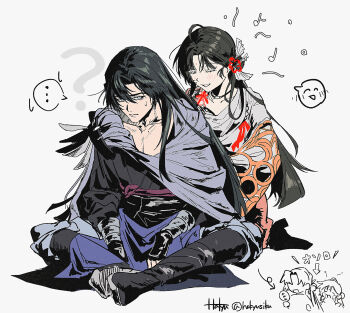 Rule 34 | ..., 1boy, 1girl, ?, behind another, black boots, black hair, black pants, black shirt, blue eyes, boots, cape, cheng heguang, closed eyes, commentary request, full body, grey cape, grin, hakyusiku, highres, indian style, long hair, pants, paper heron, reverse:1999, shirt, sitting, smile, speech bubble, spoken ellipsis, spoken kaomoji, sweat, twitter username, tying another's hair, white background, white shirt