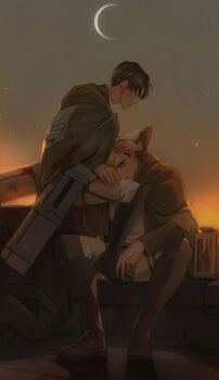 2boys black_footwear blonde_hair brown_footwear brown_hair brown_jacket cape commentary couple crescent_moon dusk english_commentary erwin_smith gravesecrets hand_on_another&#039;s_head highres hood hooded_cape jacket levi_(shingeki_no_kyojin) long_sleeves looking_ahead male_focus moon multicolored_hair multiple_boys open_clothes open_jacket pants paradis_military_uniform parted_lips profile shingeki_no_kyojin shirt shirt_tucked_in sideburns sitting thick_eyebrows three-dimensional_maneuver_gear two-tone_hair white_pants white_shirt yaoi
