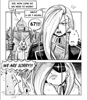 1girl 2boys 67_(meme) alphonse_elric amestris_military_uniform armor automail commentary edward_elric english_text full_armor fullmetal_alchemist highres mechanical_arms meme military military_uniform monochrome multiple_boys olivier_mira_armstrong pichichustudio