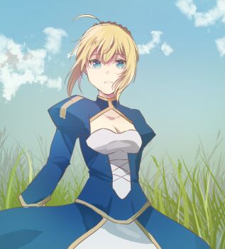 1girl ahoge artoria_pendragon_(fate) blonde_hair blue_dress blue_eyes blue_sky braid breasts cleavage cleavage_cutout clothing_cutout cloud commentary_request dress fate/stay_night fate_(series) grass haniwa_yyi juliet_sleeves long_dress long_sleeves puffy_sleeves saber_(fate) sidelocks sky small_breasts solo tall_grass