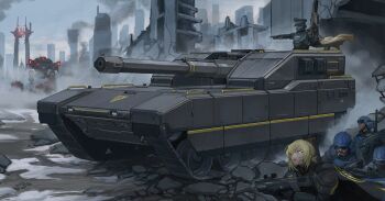 Rule 34 | 19vodnik, 1girl, 2boys, 2others, absurdres, ar-23 liberator, armor, assault rifle, automaton (helldivers), black cape, blonde hair, blood, blue eyes, brown-cape, building, bullpup, cape, cigarette, combat helmet, commentary, english commentary, facial hair, gun, hat, helldiver (helldivers), helldivers (series), helmet, highres, holding, holding gun, holding weapon, military uniform, military vehicle, motor vehicle, multiple boys, multiple others, mustache, non-humanoid robot, peaked cap, pointing, rifle, robot, ruins, scope, skyscraper, tank, td-220 bastion, textless version, weapon