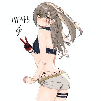 1girl absurdres bare_shoulders butt_crack commentary english_commentary from_behind girls'_frontline girls'_frontline_2:_exilium grey_hair gun h&amp;k_ump highres legs leva_(girls'_frontline_2) light_smile long_hair official_alternate_costume scar scar_across_eye scar_on_face short_shorts shorts simple_background submachine_gun thong ump45_(girls'_frontline) v weapon yellow_eyes