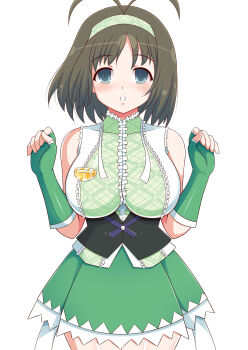 1girl :o absurdres antenna_hair black_corset blue_eyes blush bob_cut breasts brown_hair center_frills commentary corset cowboy_shot dress english_commentary fingerless_gloves frills gloves green_dress green_gloves green_hairband green_skirt hairband helltzujih highres large_breasts looking_at_viewer medium_hair open_mouth parted_lips senran_kagura senran_kagura_new_wave simple_background skirt solo syuri_(senran_kagura) white_background white_trim