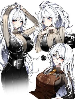 1girl absurdres apron belt belt_buckle black_belt black_pants black_vest breasts brown_apron brown_sweater buckle cherry_oux commentary cowboy_shot english_commentary faust_(project_moon) glasses high_ponytail highres large_breasts limbus_company multiple_views pants ponytail project_moon ribbed_sweater round_eyewear seven_association_south_uniform simple_background squiggle sweater tying_hair vest white_background