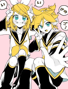 1boy 1girl aqua_eyes bare_shoulders black_sailor_collar black_shorts black_sleeves blonde_hair blush_stickers bow breasts brother_and_sister colored_tongue commentary_request crop_top detached_sleeves grin hair_bow hair_ornament hairclip headphones headset highres horns_pose igarashi_(morimorienoki) index_fingers_raised kagamine_len kagamine_rin knee_to_chest leg_warmers limited_palette looking_at_viewer medium_hair neckerchief necktie open_mouth outstretched_hand pink_background sailor_collar shirt short_hair short_sleeves shorts siblings sitting skinny sleeveless sleeveless_shirt small_breasts smile swept_bangs twins v vocaloid white_bow wide_sleeves yellow_neckerchief yellow_necktie yellow_tongue