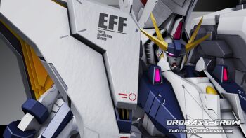 3d absurdres commentary_request earth_federation glowing glowing_eyes gradient_background gundam gundam_hathaway's_flash highres inviter_oro machinery mecha mecha_focus mobile_suit no_humans penelope_(hathaway's_flash) portrait purple_eyes robot roundel signature upper_body v-fin