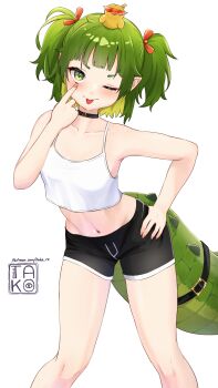 1girl ;p absurdres artist_name black_shorts breasts camisole crocodile_girl crocodilian_tail eyelid_pull green_eyes green_hair hand_on_own_hip highres looking_at_viewer medium_hair navel nitya_nil one_eye_closed phase_connect short_shorts shorts small_breasts solo tail takoroki tongue tongue_out twintails virtual_youtuber white_camisole