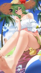 Rule 34 | 1girl, absurdres, ball, barefoot, beach, beachball, collei (genshin impact), commentary, feet, frilled shirt, frills, genshin impact, green hair, haerge, hat, highres, legs, looking at viewer, outdoors, purple eyes, rubber duck, shirt, sitting, skirt, smile, soles, straw hat, toes, wet