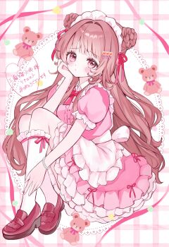 1girl aegyo_sal ameazami apron back_bow bow bow_legwear bowtie breasts brown_hair butterfly_earrings center_frills closed_mouth commentary_request commission contrast_collar double_bun dress dress_bow earrings food-themed_hair_ornament frilled_apron frilled_dress frilled_sleeves frilled_socks frills full_body gingham_background hair_bow hair_bun hair_intakes hair_ornament hand_on_own_ankle hand_on_own_chest hand_up head_rest heart heart_hair_ornament highres indie_virtual_youtuber jewelry kneehighs knees_up loafers long_hair looking_at_viewer maid_apron maid_headdress medium_breasts miminami_ruby multiple_hair_bows orange_hair_ornament pink_background pink_bow pink_bowtie pink_dress pink_eyes pink_shoes puffy_short_sleeves puffy_sleeves raised_inner_eyebrows shoes short_sleeves sidelocks sitting skeb_commission socks solo star_(symbol) star_hair_ornament stuffed_animal stuffed_toy teddy_bear translation_request very_long_hair virtual_youtuber waist_apron wavy_hair white_apron white_bow white_socks