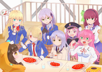 >:) 6+girls ^^^ aikawa_megumi angel_beats! angry aqua_eyes asakura_karen_(heaven_burns_red) black_hairband black_ribbon blazer blonde_hair blue_jacket blue_skirt blunt_bangs blunt_ends blush bow braid breasts brown_hair brown_skirt cape closed_mouth collared_shirt commentary_request company_connection crossover curry curry_rice double_bun drooling earrings eating eyelashes eyes_visible_through_hair food fried_rice furrowed_brow glass glasses green_bow green_eyes grey_hair hair_between_eyes hair_bobbles hair_bow hair_bun hair_ornament hair_over_one_eye hair_ribbon hairband hairclip half_updo hand_on_own_hip hand_up hat heaven_burns_red highres holding holding_spoon hood hood_up index_finger_raised indoors izumi_yuki_(heaven_burns_red) jacket jewelry kayamori_ruka kunimi_tama large_breasts lena long_hair long_ribbon long_sleeves looking_at_another looking_at_food looking_at_viewer medium_hair miniskirt mouth_drool multiple_crossover multiple_girls nakamura_yuri neck_ribbon necktie on_head one_eye_covered open_mouth parted_lips peaked_cap pink_eyes pink_hair plaid_clothes plaid_skirt plate pleated_skirt purple_hair red_bow red_eyes red_necktie red_ribbon ribbon rice sailor_hat school_uniform shinda_sekai_sensen_uniform shirt short_hair side_braid sidelocks sitting skirt skull_and_crossbones smile smug sparkle speech_bubble spoken_food spoon stairs standing straight_hair surprised sweat table tachibana_kanade teeth thighhighs toujou_tsukasa two_side_up v-shaped_eyebrows very_long_hair white_bow white_shirt yellow_eyes yellow_jacket