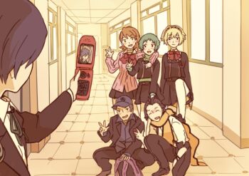 3boys 3girls ai-wa aigis_(persona) android aqua_hair arms_around_neck bag baseball_cap black_hair black_jacket black_shirt black_shoes black_skirt blazer blonde_hair blue_hair blue_shirt blush bow bowtie brown_hair cellphone cellphone_photo collared_shirt commentary dot_nose english_commentary flip_phone gekkoukan_high_school_uniform hairband hat holding holding_bag holding_phone iori_junpei jacket long_sleeves mochizuki_ryouji multiple_boys multiple_girls open_mouth pantyhose persona persona_3 phone pink_sweater red_ribbon ribbon scarf school school_uniform selfie selfie_prank shirt shoes short_hair skirt smile squatting stepped_on sweater takeba_yukari v white_pantyhose white_shirt wing_collar yamagishi_fuuka yellow_scarf yuuki_makoto_(persona_3)