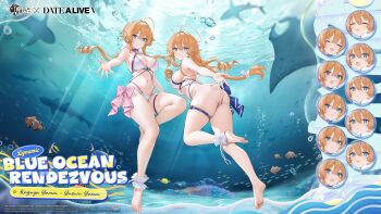 2girls ahoge ass azur_lane bikini breasts character_name cleavage copyright_name curvy date_a_live feet highres large_breasts long_hair looking_at_viewer multiple_girls navel ocean official_art orange_hair outstretched_arms promotional_art purple_eyes siblings sideboob sisters smile stomach swimsuit thick_thighs thigh_strap thighs twins twintails underwater water white_bikini wide_hips yamai_kaguya yamai_yuzuru