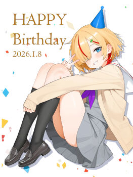 1girl absurdres blonde_hair blue_eyes cardigan commentary_request grey_socks happy_birthday highres loafers looking_at_viewer medium_hair multicolored_hair neckerchief open_mouth original pleated_skirt purple_neckerchief red_hair sailor_collar shenqi_xiaohuang shoes skirt socks solo streaked_hair teeth v