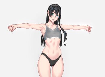 1girl black_hair black_panties bra breasts commentary_request crop_top glasses gluteal_fold green_eyes grey_background grey_hairband grey_sports_bra hairband highres kantai_collection long_hair looking_at_viewer ooyodo_(kancolle) outstretched_arms panties simple_background small_breasts solo sports_bra spread_arms stomach underwear underwear_only yuuji_(and)