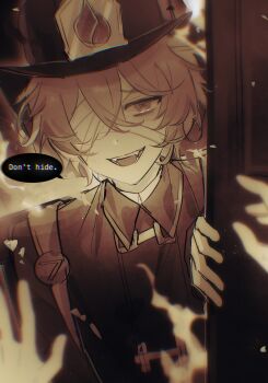 Rule 34 | 1boy, bandage over one eye, collared shirt, commentary, disembodied hand, elemental fire symbol, fangs, fire, firefighter helmet, firefighter jacket, florian brand, hat, highres, identity v, jacket, limited palette, looking at viewer, male focus, one eye covered, open mouth, opening door, shirt, solo, symbol-only commentary, symbol-shaped pupils, talking, upper body, woshiningmengjing913, x-shaped pupils