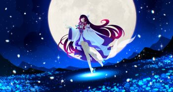 Rule 34 | 1girl, bare legs, barefoot, black hair, blindfold, closed eyes, columbina (genshin impact), commentary, dress, english commentary, falling petals, ffluvy, field, floating, flower, flower field, full body, full moon, genshin impact, glowing, gradient hair, highres, huge moon, long hair, long sleeves, moon, mountain, mountainous horizon, multicolored hair, night, night sky, petals, red hair, ripples, sky, solo, sparkle, standing, standing on liquid, star (sky), very long hair, water, white dress, wide sleeves