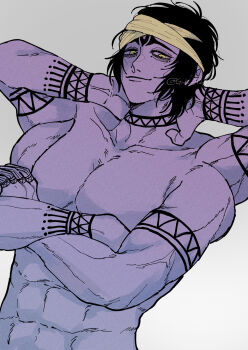 1boy abs arm_tattoo arms_up bandana black_hair black_tattoo closed_mouth colored_skin crossed_arms extra_arms extra_eyes finger_tattoo hands_behind_own_head highres looking_at_viewer male_focus multiple_boys multiple_eyes muscular muscular_male pectorals purple_skin shirtless_male shiva_(shuumatsu_no_valkyrie) short_hair shuumatsu_no_valkyrie sideways_glance smile smug smug solo tattoo thick_eyebrows third_eye toned toned_male topless_female upper_body wrist_tattoo yellow_bandana yellow_eyes