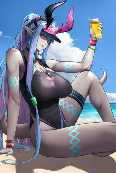 1girl absurdres alcohol bare_shoulders beach beer black_one-piece_swimsuit blue_hair blue_sky body_markings breasts cleavage colored_skin covered_navel cup earrings fate/grand_order fate_(series) grey_skin hat highleg highleg_one-piece_swimsuit highres horns ibuki_douji_(fate) ibuki_douji_(swimsuit_berserker)_(fate) ibuki_douji_(swimsuit_berserker)_(first_ascension)_(fate) jewelry large_breasts long_hair looking_at_viewer multicolored_hair one-piece_swimsuit oni parted_lips pink_hair pink_hat pink_one-piece_swimsuit pointy_ears ponytail red_eyes shore sidelocks sky solo souma_(so_u_maaaaa) swimsuit tail thigh_strap thighs two-tone_swimsuit visor_cap whistle