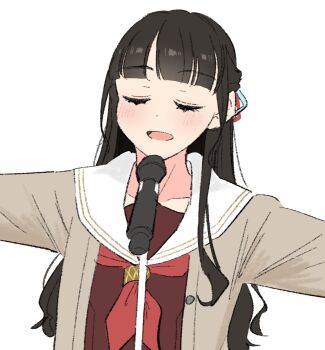 1girl 5th_live_tour_~4pair_power_spread!!!!~ :d animification black_hair blue_ribbon blunt_bangs blush brown_cardigan cardigan closed_eyes commentary_request facing_viewer hair_ribbon half_updo highres link!_like!_love_live! llkapital long_hair looking_at_viewer love_live! microphone microphone_stand nonaka_kokona open_cardigan open_clothes open_mouth outstretched_arms real_life red_ribbon ribbon runway_(love_live!) sailor_collar simple_background smile solo spread_arms u_u upper_body voice_actor white_background white_sailor_collar