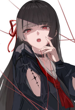 1girl absurdres arm_cutout black_choker black_hair black_shirt blunt_bangs chisa_(wuthering_waves) choker clothing_cutout commentary hair_ribbon hand_up highres long_hair long_sleeves looking_at_viewer mole mole_under_eye neckerchief oiro_ik open_mouth red_eyes red_neckerchief red_ribbon ribbon sailor_collar shirt simple_background solo tacet_mark_(wuthering_waves) upper_body white_background white_sailor_collar wuthering_waves