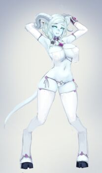 1girl aqua_eyes arms_up barbariank blue_skin braid breast_curtains breasts colored_skin commentary detached_sleeves draenei english_commentary full_body hooves horns large_breasts legs_apart long_hair looking_at_viewer monster_girl navel no_pupils parted_lips revealing_clothes simple_background smile solo standing thighhighs warcraft white_hair white_thighhighs world_of_warcraft