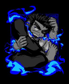 Rule 34 | 1boy, bara, beard, black hair, blue fire, blue theme, box, chibi, chibi only, chinstrap beard, commentary, dark-skinned male, dark skin, deformed, disembodied leg, english commentary, facial hair, facial scar, fire, forked eyebrows, from above, full body, highres, in box, in container, male focus, mature male, mestses, sandayu (housamo), scar, scar on cheek, scar on face, solo, spot color, stuck, sweat, sweatdrop, thick eyebrows, tokyo houkago summoners